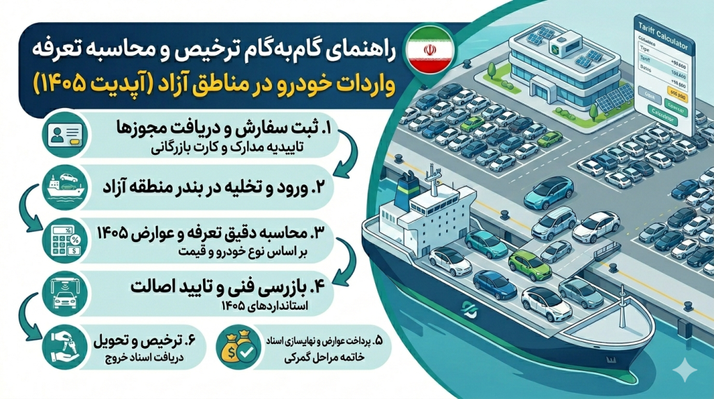 راهنمای گام‌به‌گام ترخیص و محاسبه تعرفه واردات خودرو در مناطق آزاد (آپدیت ۱۴۰۵)