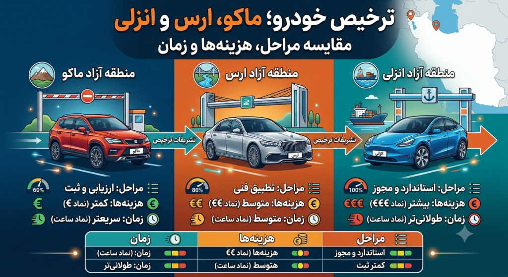ترخیص خودروهای منطقه آزاد ماکو، ارس و انزلی؛ مقایسه مراحل، هزینه‌ها و زمان انجام تشریفات
