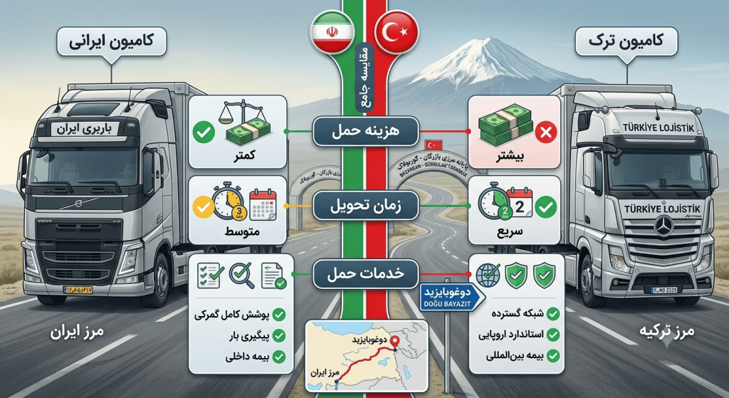 حمل بار از ایران به دوغوبایزید با کامیون ترک و ایرانی؛ مقایسه هزینه، زمان و خدمات حمل
