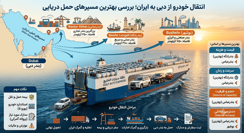 انتقال خودرو از دبی به ایران؛ بررسی بهترین مسیرهای حمل دریایی از امارات به بندرعباس، لنگه و بوشهر