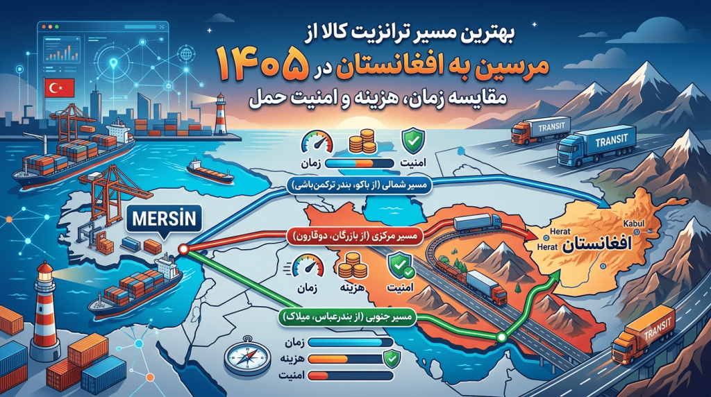 بهترین مسیر ترانزیت کالا از مرسین به افغانستان در ۱۴۰۵؛ مقایسه زمان، هزینه و امنیت حمل