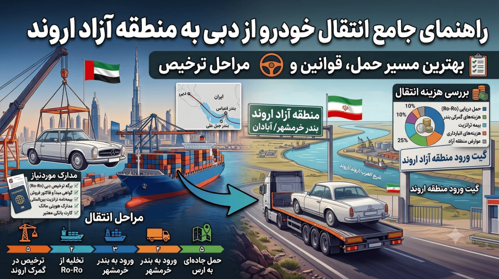 انتقال خودرو از دبی به منطقه آزاد اروند؛ بهترین مسیر حمل، قوانین و مراحل ترخیص
