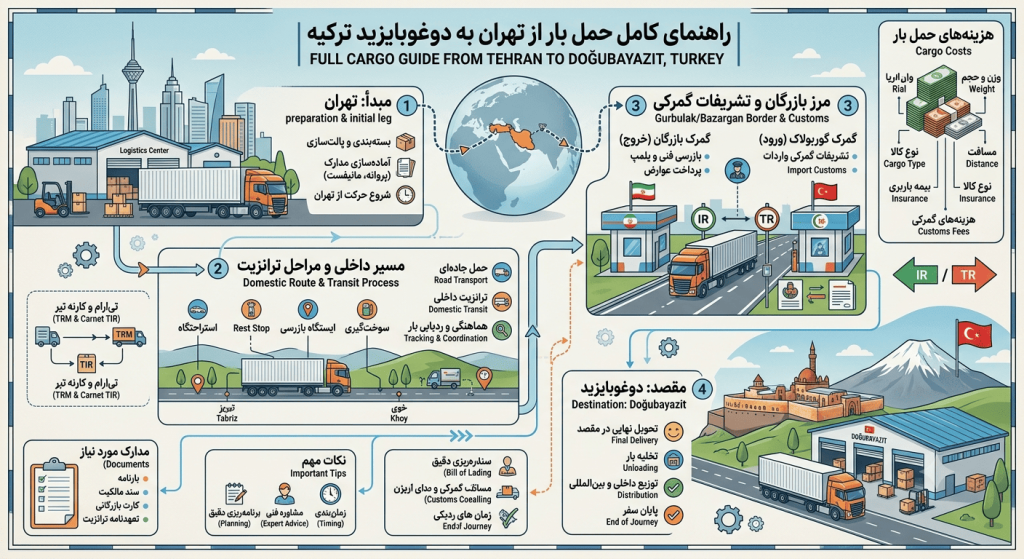 راهنمای کامل حمل بار از تهران به دوغوبایزید؛ مراحل ترانزیت، تشریفات مرزی و هزینه حمل
