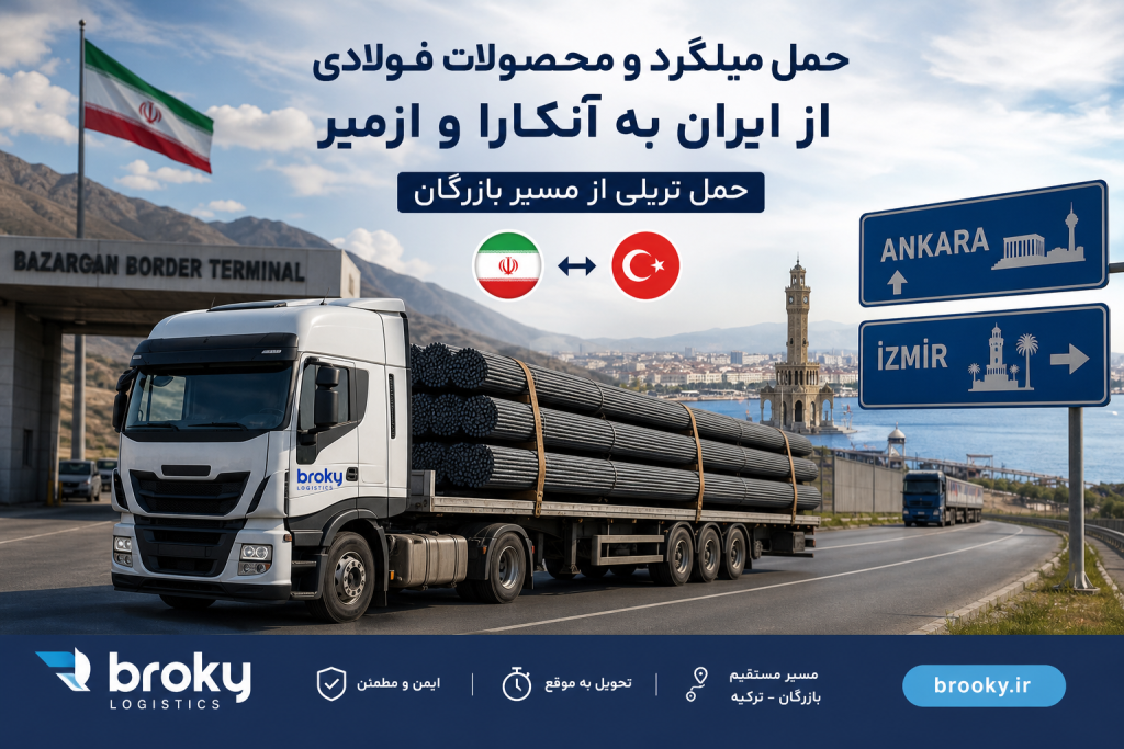 حمل میلگرد و محصولات فولادی از ایران به آنکارا و ازمیر | حمل تریلی از مسیر بازرگان